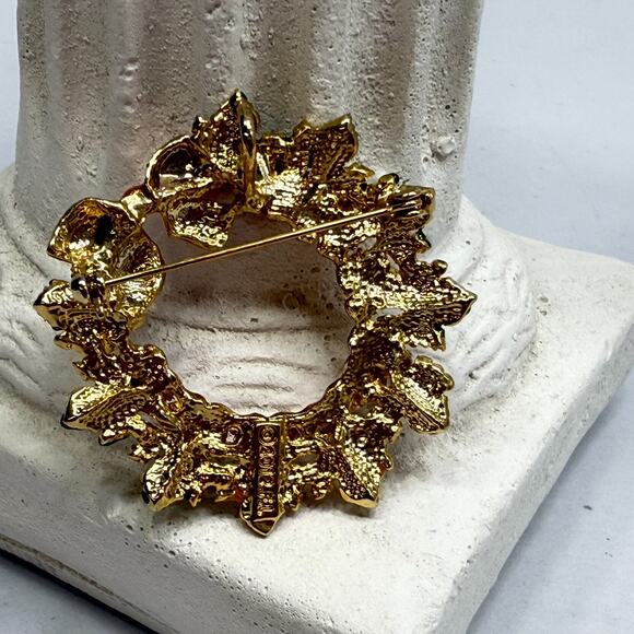 Fall Brooches 2 Wreath theme Pins Hallmark, F.L. Acrylic, Gold Tone Orange Green - Picture 10 of 13